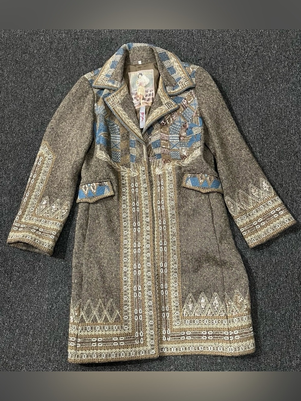 BIYA by Johnny Was Gray Brown Embroidered Wool Blend Long Coat Boho Women's L
